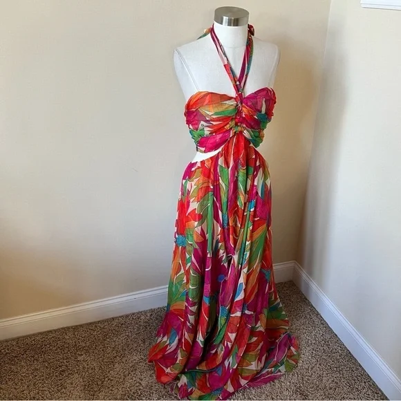 Ronny Kobo Floral Patterned Halter maxi Dress gown Pink Green 26129